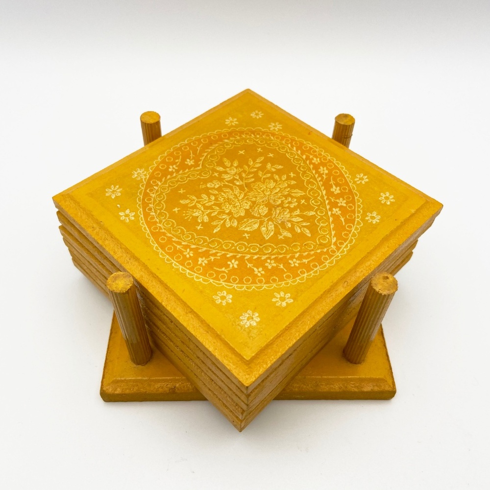 Hand Made Wooden Drink Coaster Set of 6 W/ Holder